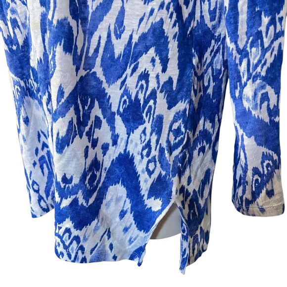 Chicos Womens Ikat Split V Neck 100% Linen Blue Knit Top Long Sleeve White 1/ M - Picture 8 of 16